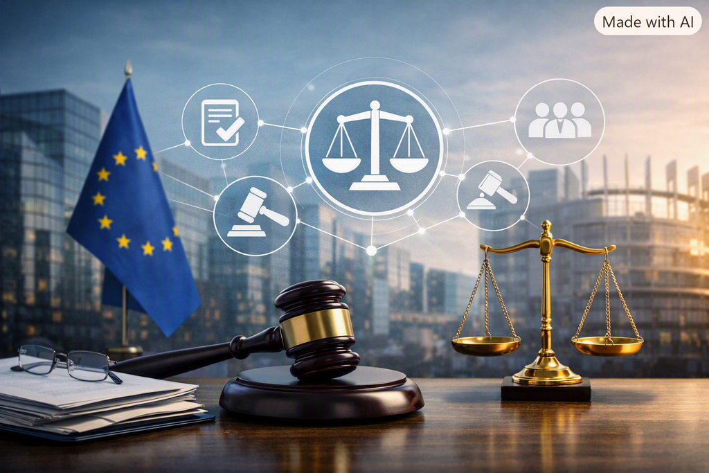 Fotografía conceptual sobre el poder normativo, con una balanza y un mazo judicial frente a documentos, la bandera de la Unión Europea y un fondo institucional con iconos de gobernanza y regulación.
